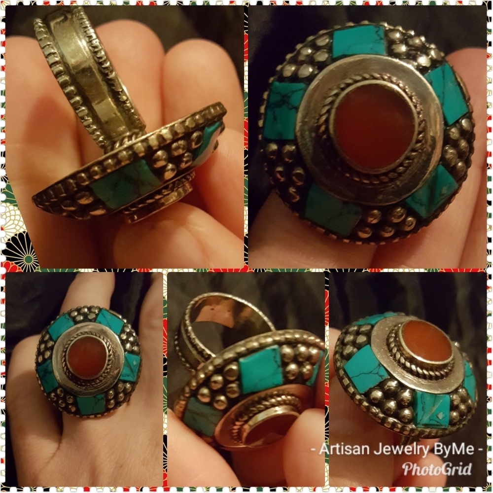 Nepal-Tibet Artisan Inlade Turquoise Coral Ring